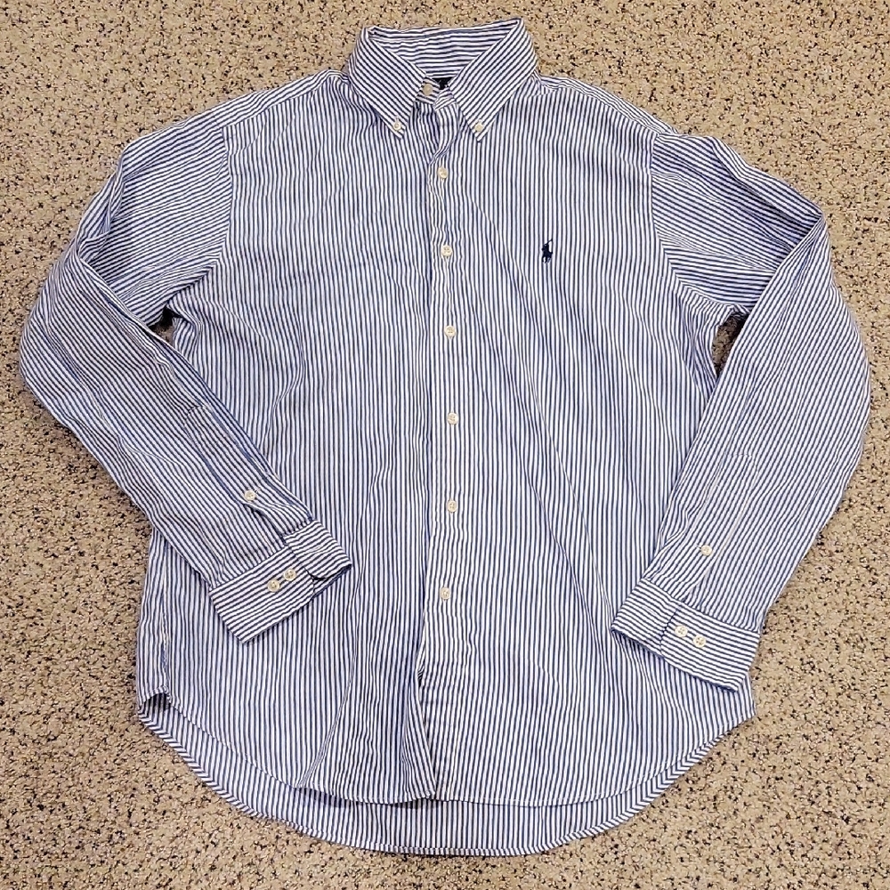 Ralph Lauren Blue White Striped Button Down Up Classic Fit Shirt Cotton Large
